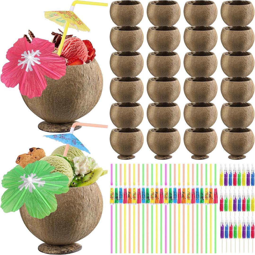Fovths 24 Set Coconut Cups, 17 Oz Natural Coconut Shell Cups, Coconuts Shaped Tiki Cup with Straws Cocktail Umbrella Picks for Birthday Beach Pool Hawaiian Luau Party Decorations, Large