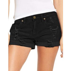 luvamia Women's Ripped Denim Jean Shorts High Waisted Stretchy Folded Hem Short Jeans (Black, S)