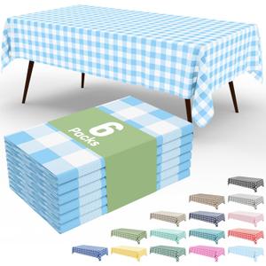 misaya 6 Packs Buffalo Disposable Table Cloth, 54 x 108 Inch Waterproof Plastic Tablecloth, Rectangle Baby Blue and White Checkered Table Covers for Picnic, Birthday, Party