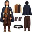 Latocos 6pcs Kids Medieval Costume Boys Renaissance Shirt Costume Hooded Pants Belt Wrist Guards Knight Outfit Halloween Set (130)