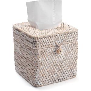 Rattan Tissue Box Cover Square, Wicker Tissue Box Holder with Lid, Natural Woven Facial Tissue Holder for Bathroom, Kitchen, Living Room (Whitewash)