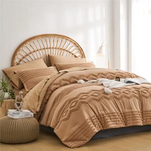 KAKIJUMN Khaki Tufted Comforter Set King Size 7 Piece Bed in a Bag, Shabby Chic Boho Comforter and Sheet Set, Pom Pom Textured Bed Set, All Season Soft Microfiber Complete Bedding Set(Khaki,King)