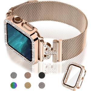 JOYOZY Magnetic Band Compatible with Apple Watch Band 38mm 40mm 41mm 42mm 44mm 45mm 46mm Milanese Strap with Bling Glitter Case Built-in Screen Protector Dressy Stainless Steel iWatch Loop for Women (Rose Gold)