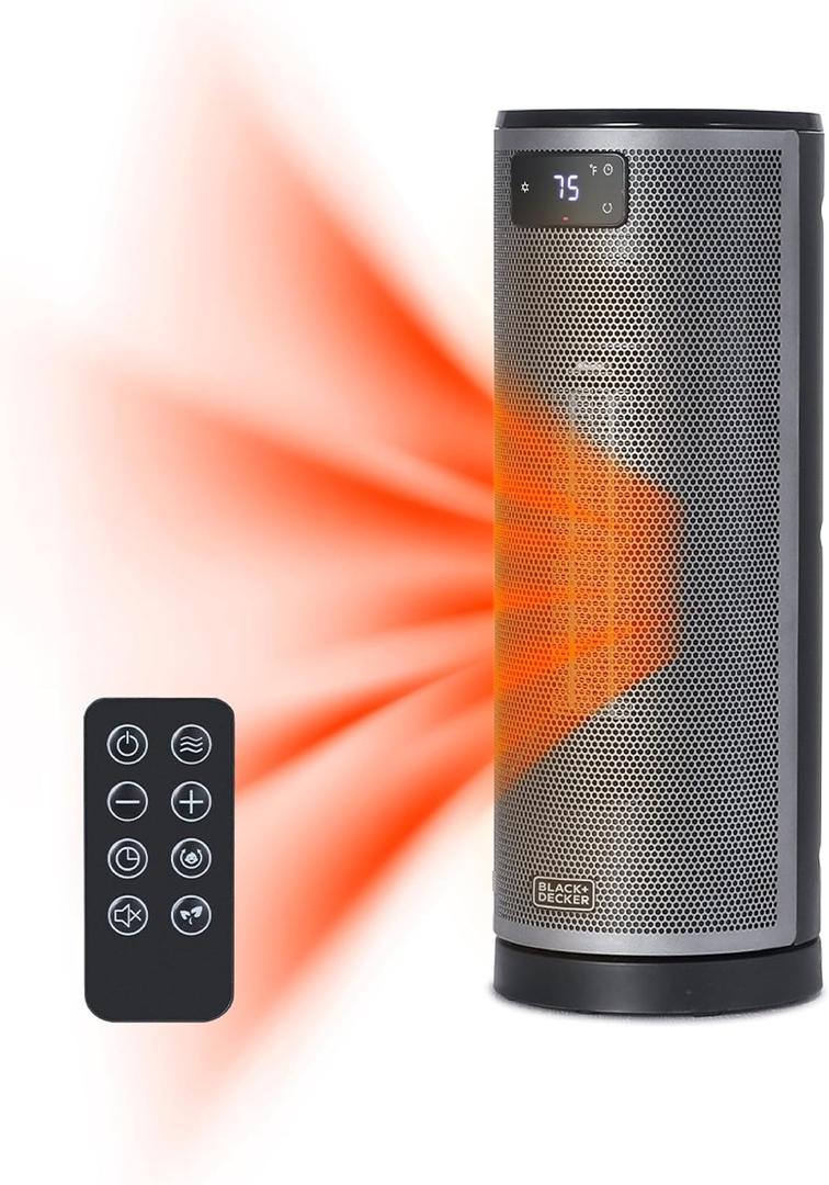 BLACK+DECKER Ceramic Oscillating Tower Heater with Remote, BHTC209, Black