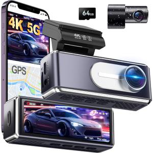 Dash Cam Front and Rear,4K UHD Dual Dash Camera for Cars,Built-in 5G WiFi GPS,64GB Card,170Wide Angle,Car Camera with 3.2" Screen,Night Vision,App Control,Loop Recording,HDR,24H Parking Mode