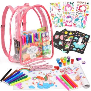 D-FantiX Unicorn Art Supplies Clear Backpack for Toddler, 51Pcs DIY Coloring Craft Kits with Scratch Art Paper and Stickers, Road Trip Activities for Kids, Creative Birthday Gift for Girls