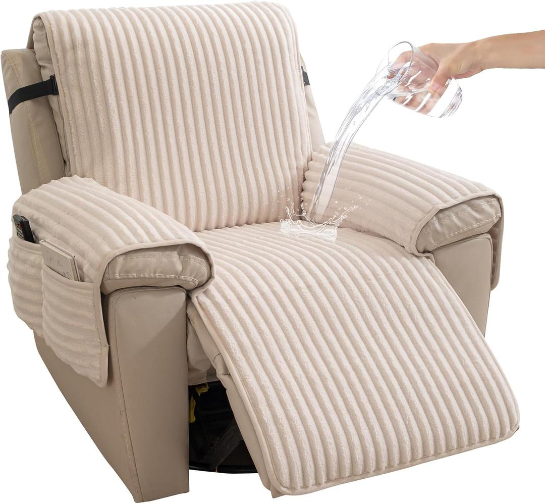 HAOMAIJIA Faux Fur Recliner Chair Covers Non-Slip Waterproof Recliner Covers That Stay in Place Warm Thick Lazy Boy Recliner Cover for Dogs Furniture Protector Pet Friendly (Off White, 23'')