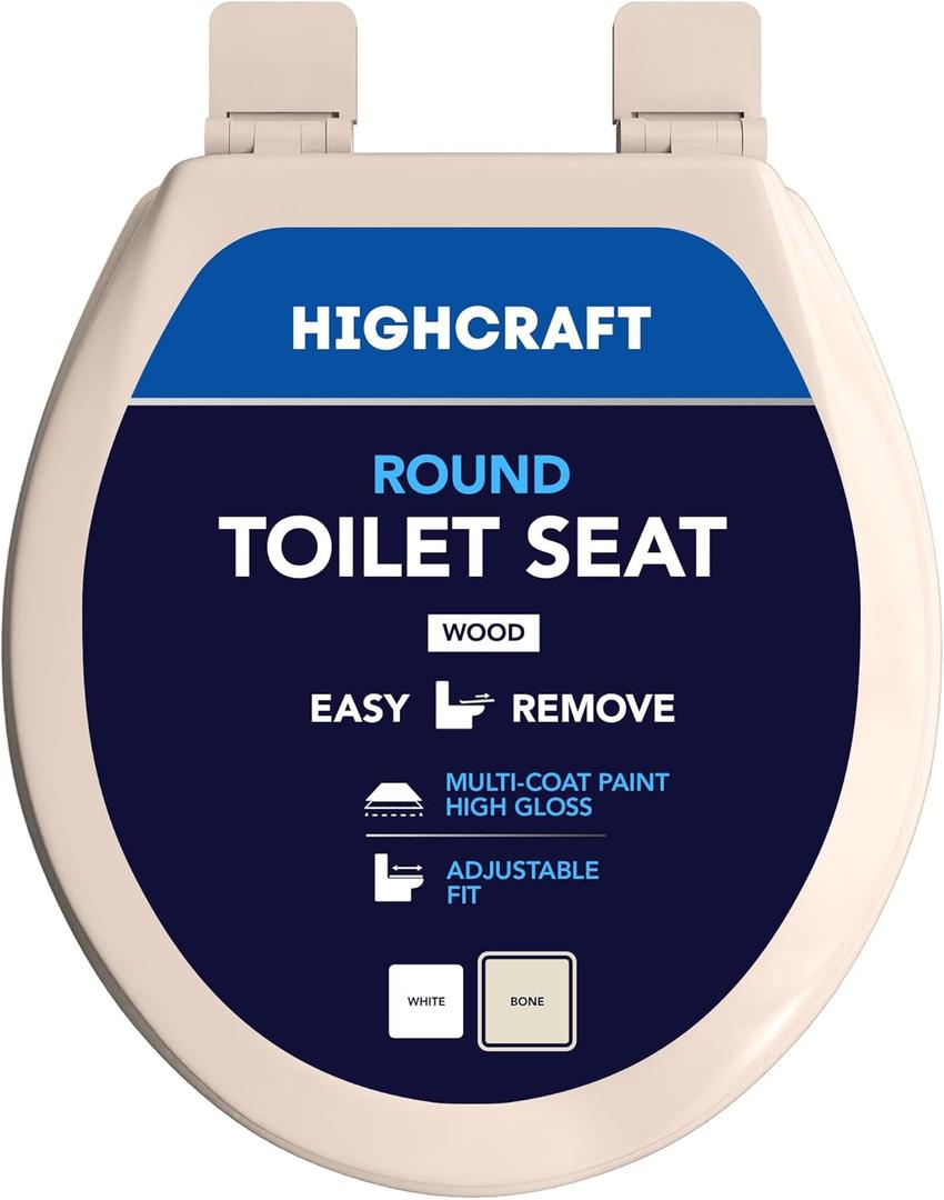 HIGHCRAFT Premium Round Toilet Seat with Adjustable Hinges & Quick Removal Mechanism - Molded Wood Toilet Seat - Fits Standard Round Toilets - Round Seat in Bone/Beige