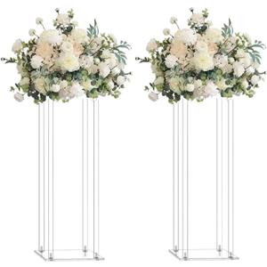 2 Pack 32'' Tall 10'' Dia. Clear Floor Vase Wedding Decoration Table Centerpiece Crystal Acrylic Flower Stand Floral Display Rack Backdrop Column for Event Dcor