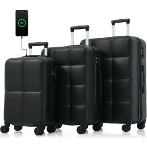 Hardshell Luggage Sets 3 Piece, Expandable Carry on Luggage with USB Port& Cup Holder, Lightweight Travel Suitcase with Spinner Wheels, TSA Lock (Black)
