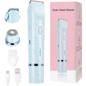 Women's Bikini Trimmer, 2-in-1 Electric Shaver for Bikini Line, Legs, Underarms, Face - Waterproof Women's Electric Shaver for Sensitive Skin, USB Rechargeable (Blue)