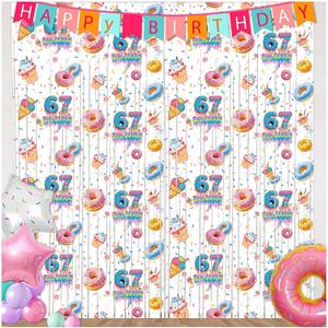 3 x Funny 6 7 Meme Birthday Decorations 2 Pack Donut Theme Party Supplies 3.3x6.6ft Tinsel Foil Fringe Curtain White Photo Booth Prop Six Seven Backdrop Streamer Decor for Kids