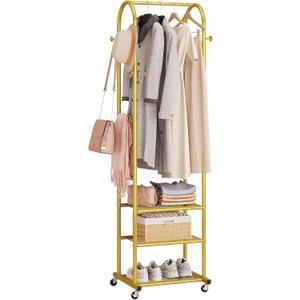 Dttwacoyh Hall Tree with Wheels and Hanging Hooks,Heavy-Duty Metal Coat Rack with Shoe Shelves,3-in-1 Narrow Entryway Storage for Small Space,Suitable for Hallway,Bedroom and Bathroom,Gold