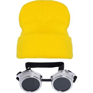 Vintage Steampunk Goggles Glasses with Yellow Beanie Hat, Halloween Costume Accessories for Adult, Halloween Cosplay Party Set