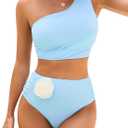 Women Bestselling Bikini Sets One Shoulder Swimsuits 2 Piece Tummy Control Bathing Suits High Waisted Floral 2025 (Blue, XL)