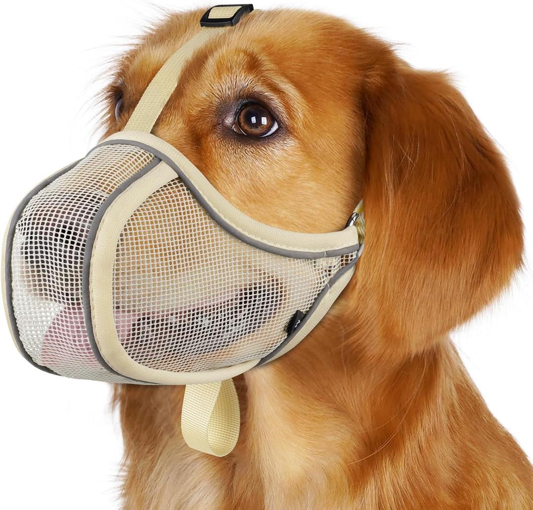 Mayerzon Dog Muzzle to Prevent Biting Scavenging Chewing, Soft Mesh Puppy Muzzles for Small Medium Sized Dogs, Breathable Reflective Adjustable Mouth Guard for Grooming Walking Training (S, Khaki) (S-(Snout Cir 8.5"-9.5"))