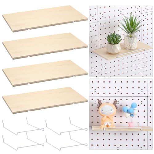Wonderjune 4 Pcs Wooden Pegboard Shelves with Metal Pegboard Shelf Brackets Peg Board Display Storage Tray Wall Organizer Peg Board Accessories for Craft Room Home Kitchen(Brown,9.84 x 5 Inch)