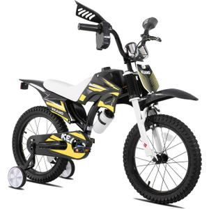 KEANO Motocross Style Kids Bike for Boys Girls Ages 3-7 Years, 12 & 16 Inch Bikes with Training Wheels and Number Plate, Children Bicycles Black