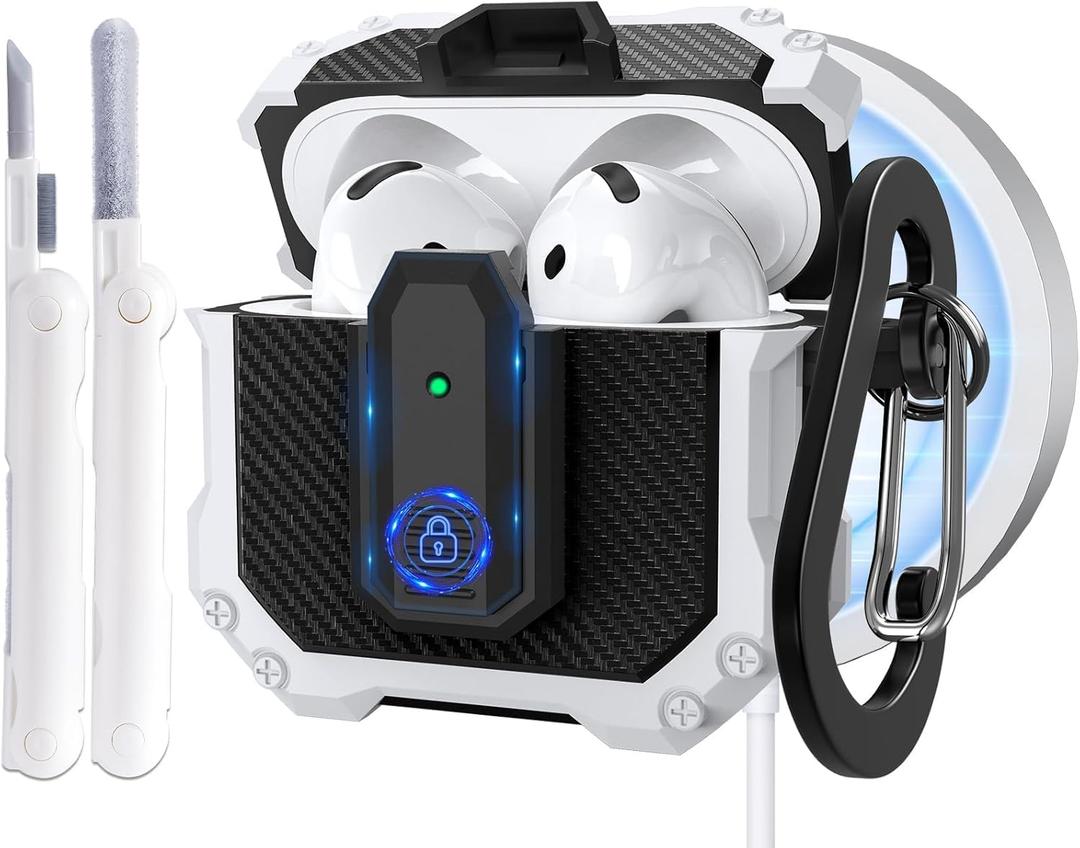 Compatible with AirPods 4th Generation Case(Secure Lock),Military Full-Body Shockproof Hard Protective Cover for AirPods 4 Case Cover 2024 with Keychain & Cleaning Kit, Drop-Proof Lock(White)