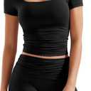 YEOREO Lounge Sets for Women 2 Piece Short Sleeve Square Neck Tops Casual Outfits Fold Over Shorts Workout Tracksuit (X-Large, Black)