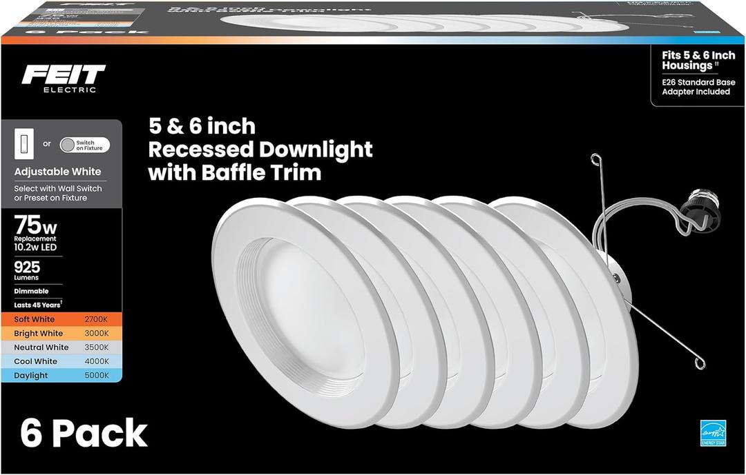 Feit Electric LED Recessed Light Retrofit Kit - 5/6 in Dimmable with Baffle Trim, 75W Equivalent, Adjustable White 2700K5000K, 90+ CRI, for Living, Bathroom, Dining & Kitchen Room (6 Count (Pack of 1))