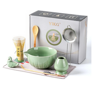 Matcha Whisk Set - 8PCS Japanese Tea Set Includes Matcha Bowl, Bamboo Whisk with Ceramic Holder, Bamboo Scoop, stainless steel sifter, tea towel, handle scoop,Matcha Kit for Ceremony(Green/8PC)