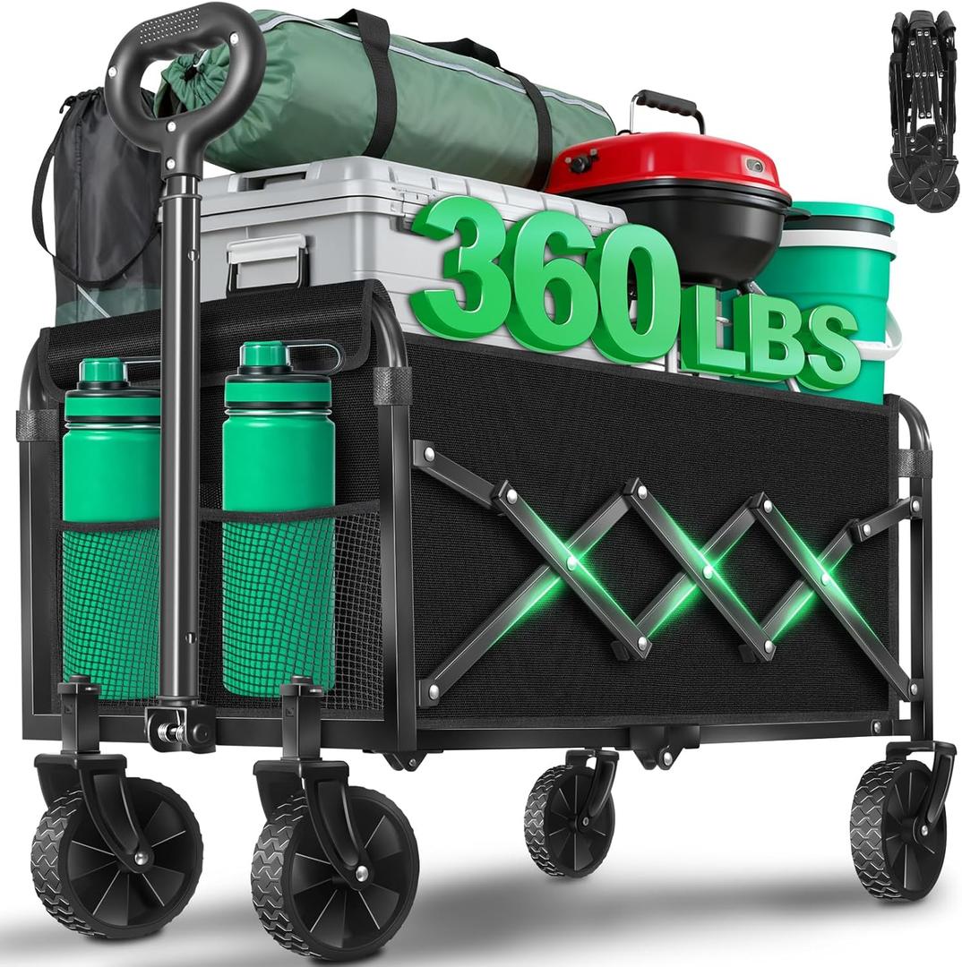 Collapsible Wagons Carts Foldable Wagon,360lbs Folding Wagon Cart with Wheels, Lightweight Foldable Cart with Drink Holders for Camping Picnic Grocery Shopping Garden Travel Sports
