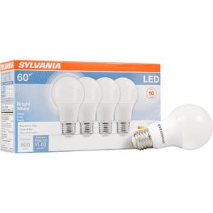 SYLVANIA LED Light Bulb, 60W Equivalent A19, Efficient 8.5W, Medium Base, Frosted Finish, 800 Lumens, Bright White - 4 Pack (79704)