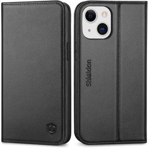 SHIELDON Case for iPhone 13 Mini 5G, Genuine Leather Wallet Folio Magnetic Closure RFID Blocking Card Slots Kickstand Protection Cover Compatible with iPhone 13 Mini (5.4") - Black