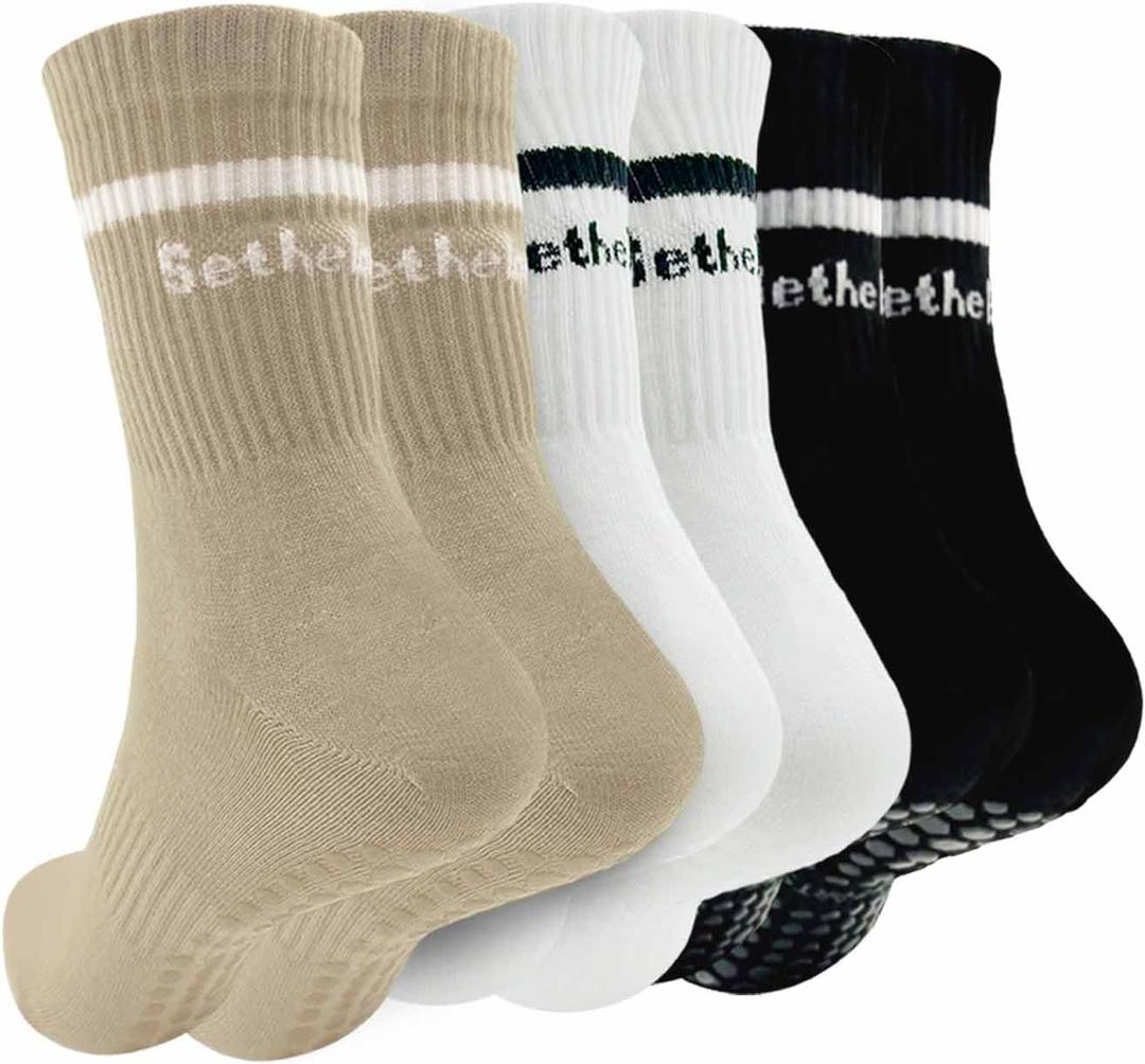 Pilates Socks for Women with Non Slip, Striped Crew Grip Socks for Pilates, Barre, Dance & Home Workout, Anti-Skid Socks with Grip 3 Pairs - Beige/White/Black