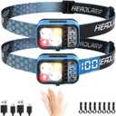DARKDAWN 5 Modes Head Light Flashlight,Headlamp Rechargeable LED, USB C Headband Flashlight with Motion SensorDigital Power DisplayUp/Down Adjustable, for Camping, Car Repairing, 2PCS Pack