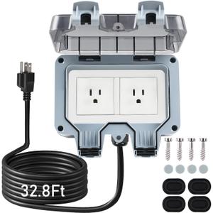 Outdoor Power Outlet Box with 32.8Ft Extension Cord, NEMA 5-15R, STW 14 AWG, Weatherproof Waterproof IP66 Electrical Outlet Extender, Exterior Wall Power Socket w/Cover for Garden