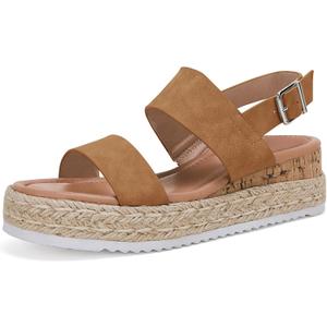 LAICIGO Womens Open Toe Wedge Platform Espadrilles Ankle Strap Buckle Faux Leather Cork Rubber Summer Sandals (8, 1-brown)