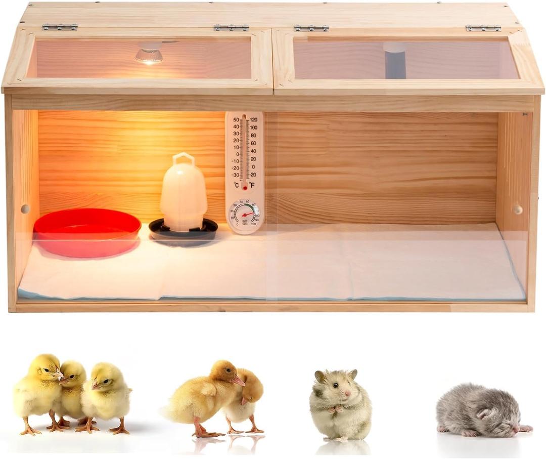 Large Wooden Chicken Brooder Box with Bulb Set and Thermometer - Brooder Box for Chicks Indoor Accommodates Up to 12 Chicks - Ideal for Chickens, Ducks, Quails, Hamsters, and Lizards32x16x16 Inches
