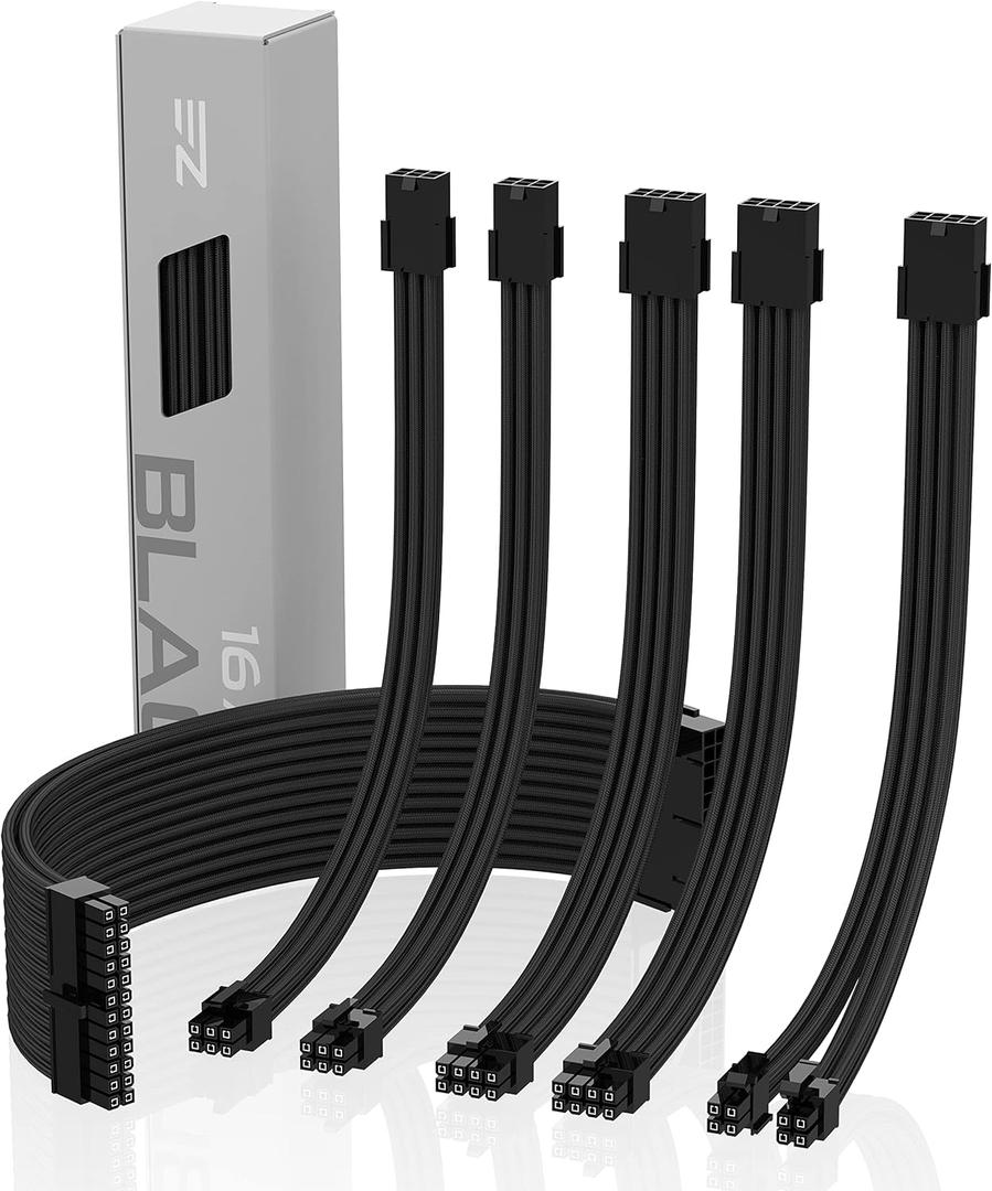 EZDIY-FAB PSU Cable Extension kit Sleeved Cable Custom Power Supply Sleeved Extension 16 AWG 24-PIN 8-PIN 6-PIN 4+4-PIN with Combs- Black