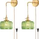 Shenmoyl Vintage Wall Sconce with Green Striped Glass Shade Hanging Wall Sconce with 4.9FT Plug in Cord, Modern Wall Lamp Fixtures Decor for Bedside Bedroom Indoor Doorway, Set of 2