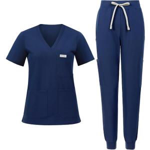 Scrubs for Women Set, V-Neck Top & Cargo Jogger Pants, 9 Pockets, Yoga Waistband, Comfort Fit Nursing Uniform (Large)