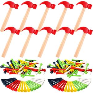 10 Pcs Kids Wooden Hammer Toy with 100 Pcs Colorful Wood Golf Tees, Small Plastic Hammer Simulation Hammers Educational Toys for Children Gift Birthday Party Halloween (Red)