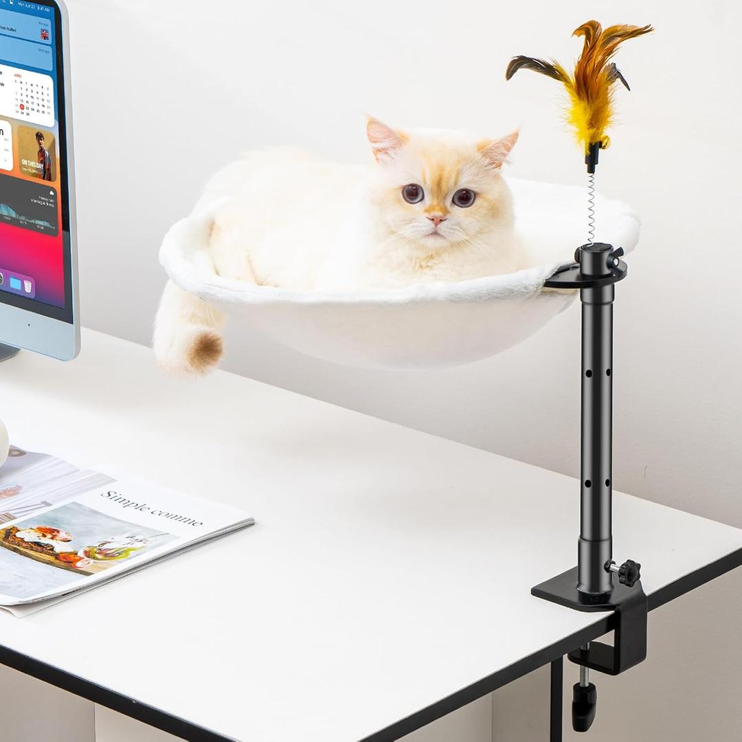 Uross Cat Desk Bed - Adjustable Height & 360 Rotation Cat Desk Perch Mount for Office and Game Tables, Attachment Desktop Bed with 2 Washable Covers, Soft Rabbit Fur& Breathable Mesh -Beige