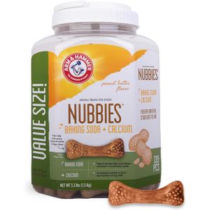 Arm & Hammer for Pets Nubbies Dental Treats for Dogs with Baking Soda and Calcium, Treat Chews Help Fight Bad Breath, Plaque & Tartar, Peanut Butter, Value Bucket, 139 Pcs (Packaging may vary) (52.8 Ounce (Pack of 1)), Best By: 28 04 10