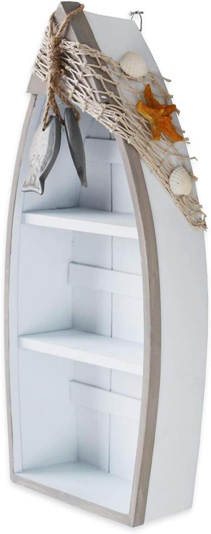Morning View 2-Shelf Wood Boat Shelf, Nautical Decor with Fishing Net, Starfish, Seashells - Wall Mount or Tabletop Display - Beach Themed Home Decor, White, 6.7x3x16.5 Inch