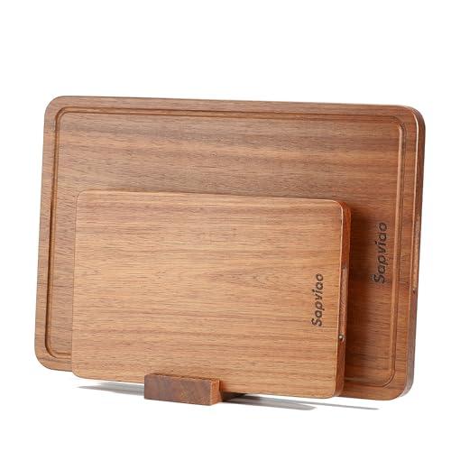Sapviao Teak Wood Cutting Board Set Solid Unibody Design One Piece Durable Knife Friendly Wooden Chopping Board with DeepJuice Grooves Built in Handles for Kitchen Vegetables 13 X 8.7 &10.2 X 6.3 IN
