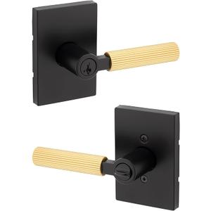 Kwikset Mirada Reeded Entry Door Handle with Lock and Key, Secure Keyed Reversible Lever Exterior, Door Lock for Front Door, Matte Black Satin Brass, Pick Resistant SmartKey Security and Microban (Rectangle)