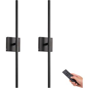 Battery Operated LED Wall Sconces Set of Two, 25" Wireless Dimmable Black Wall Lights with Remote Control, 3 Color Stepless Dimming 360 Rotate Wall Lamp for Living Room Bedroom Stairs Hallway