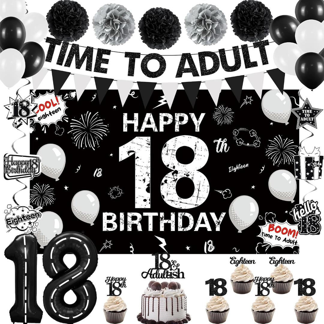Holkcog 18th Birthday Decorations for Girls Boys, Time To Adult 18 Years Old Party Banner Cake Topper, Happy 18th Birthday Gifts Glitter 18 Years Party Supplies Party, 18s sign