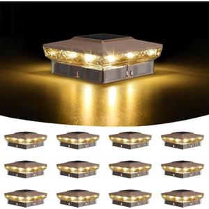 Solar Post Cap Lights, 12-Pack Upgraded Outdoor Deck Fence Post Solar Lights for 4x4 5x5 Wood/Vinyl Posts, IP65 Waterproof, 10-12 Hours Warm/Cool White Glow for Garden/Patio/Porch - Brown
