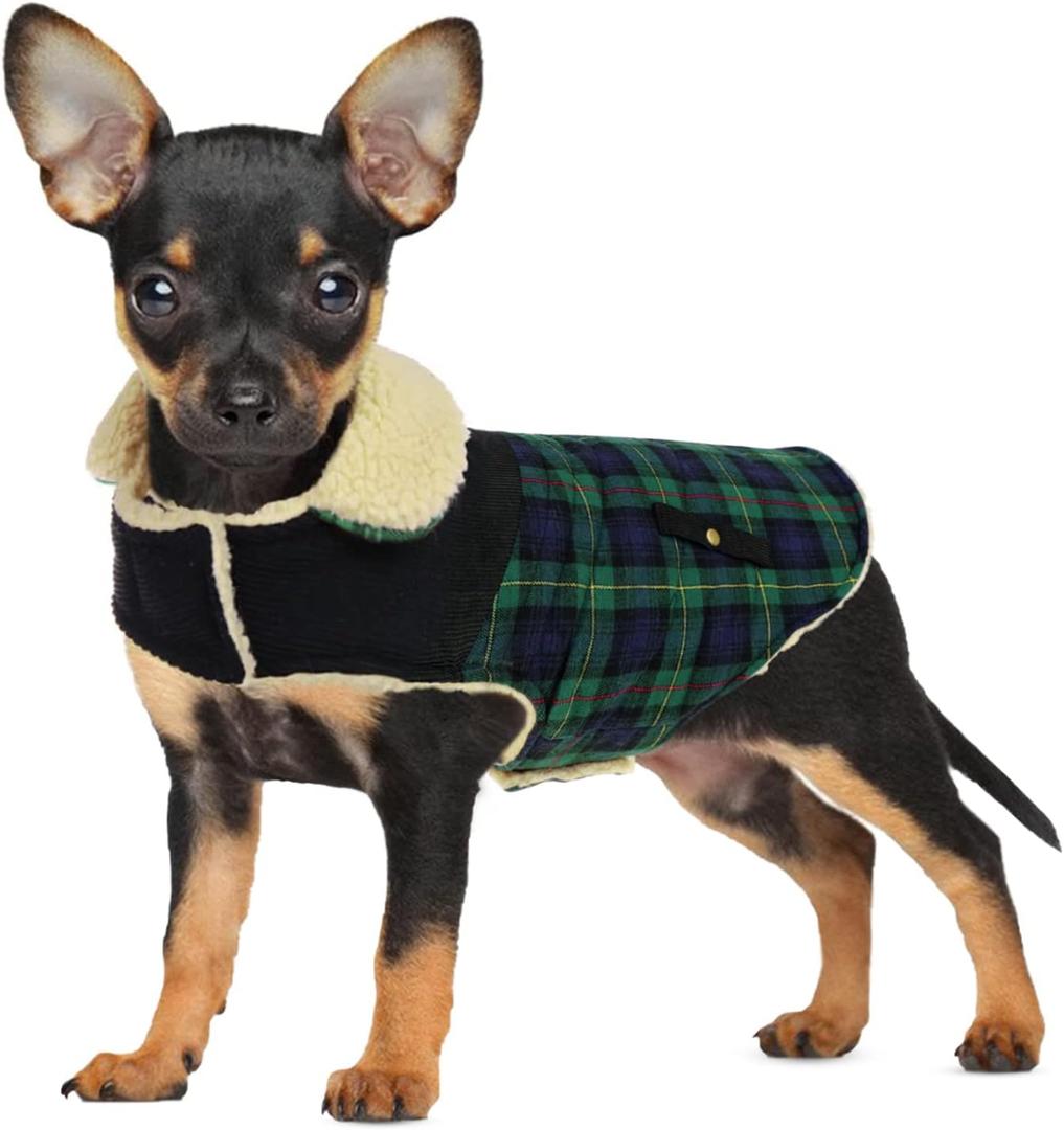 Preferhouse Winter Coat for Small and Medium Dogs, Puppy Plaid Jacket, Cotton Coat for Cold Weather, Windproof Warm Dog Garments, Pet Thickened Outfits Indoor Outdoor, Green XS