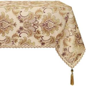 Loom and Mill Luxury Rectangle Tablecloth 60 x 120 Inches, Elegant Damask Golden Floral Waterproof Table Cover with Handmade Tassels for Dining Table Banquets Decorations(Beige, 60"x120")