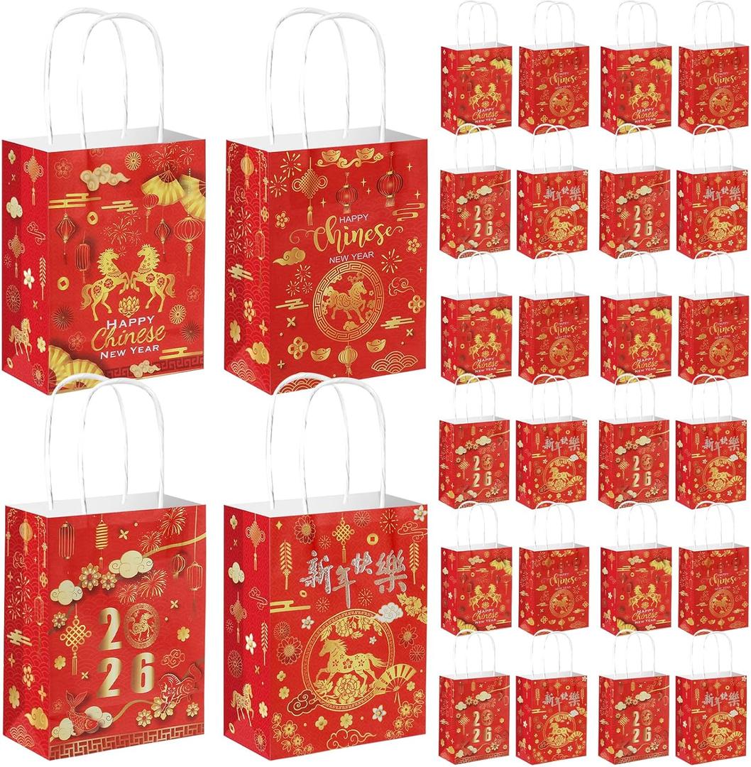 Zoketriton 24 Pack Chinese New Year Party Supplies Paper Gift Bags with Handle, Year of the Horse Pattern Lunar New Year Party Favor Treat Bags for Chinese Spring Festival Party Supplies Decoration