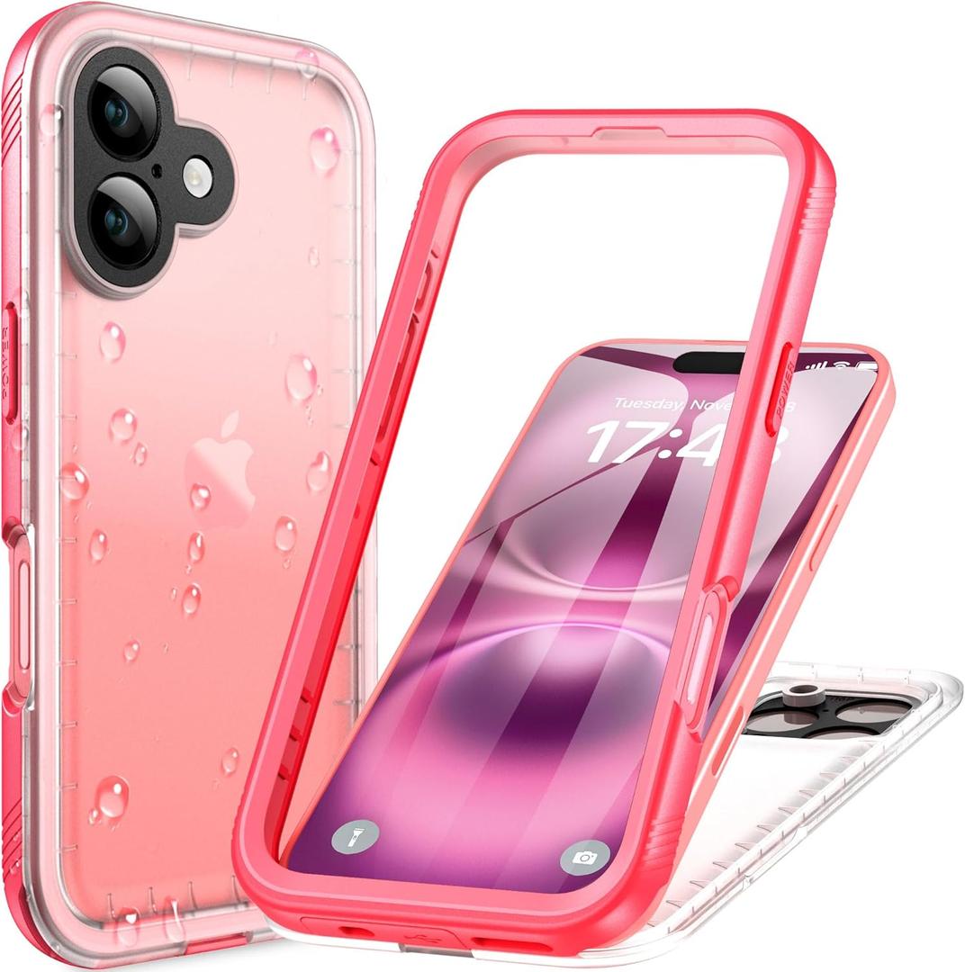 Cozycase for iPhone 16 Case Waterproof - 360 Heavy Duty with Screen/Camera Protector Shockproof IP68 Underwater Dustproof Water Dust Shock Proof Full Body/Front and Back Case Pink/Frosted Clear